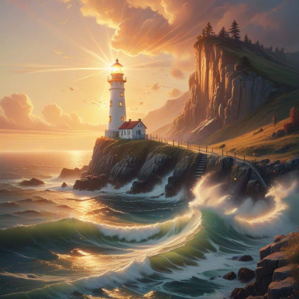 Majestic Lighthouse at Golden Hour: Fantasy Oil Painting