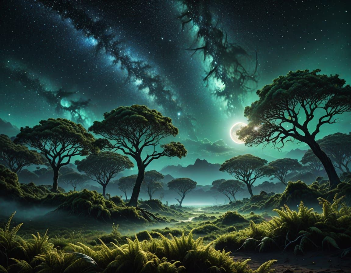 Ethereal Alien Moonrise in Cosmic Harmony