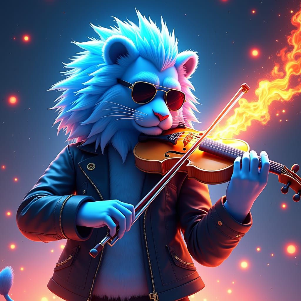 Blue Lioness Playing Violin in Anime Style