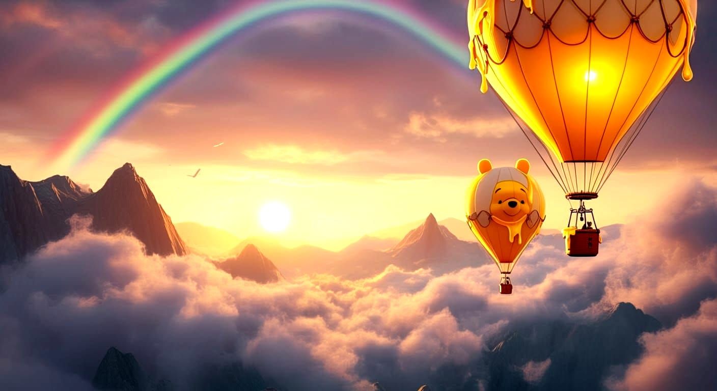 Winnie the Pooh Hot Air Balloon at Sunset: 3D Anime