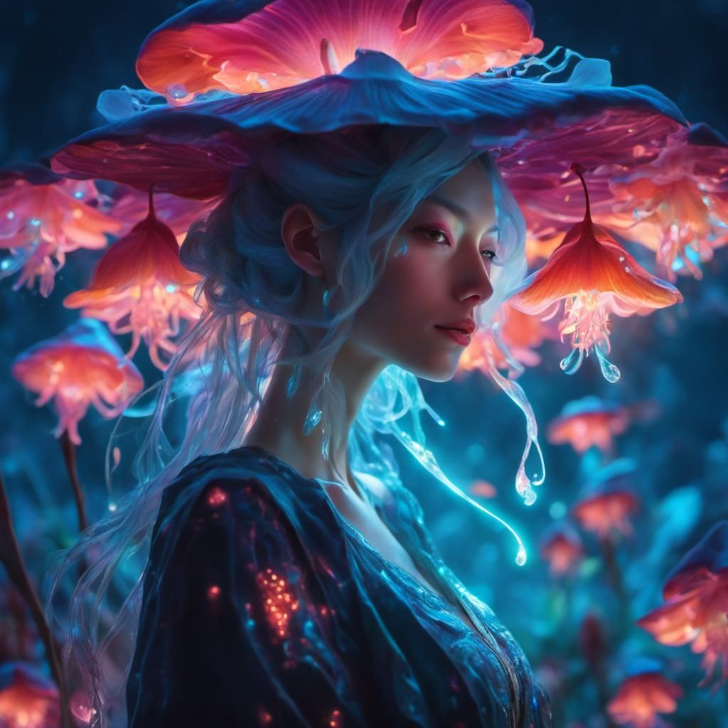 Bioluminescent Orchid Mantis Girl in Magical Fantasy Artwork