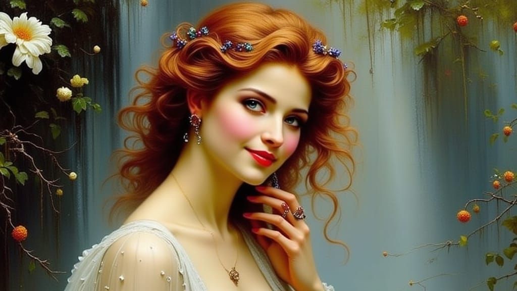 Beautiful Woman with Auburn Hair by Ethereal Waterfall