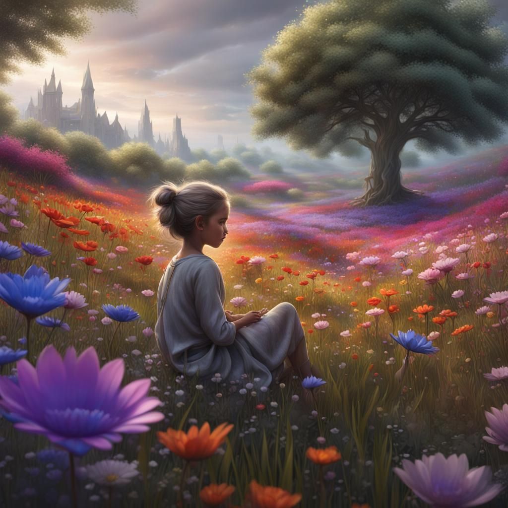 Child Among Colorful Flowers in Elysian Field