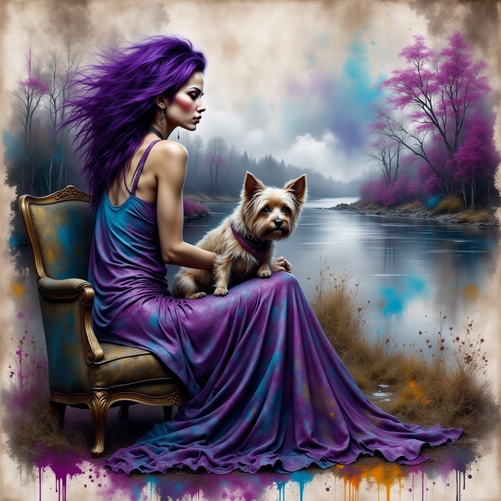 Serene Woman, Terrier, Misty River in Grunge Style