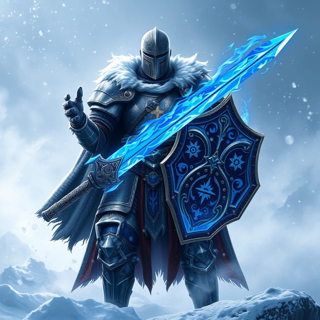 Majestic Snow-Covered Knight Wields Blue Fire Sword in Blazi...
