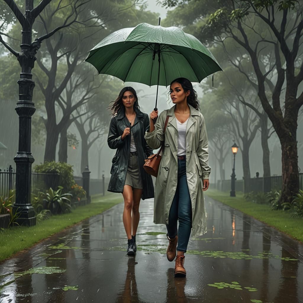 Latina Girl with Umbrella on Rainy Day