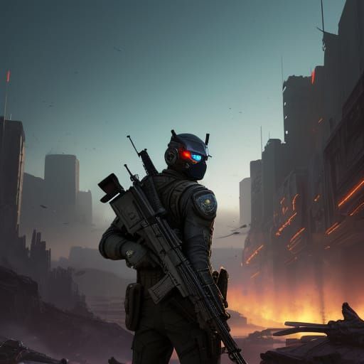 Gamer Hero Emerges from Ruined Landscape in Cyberpunk Style