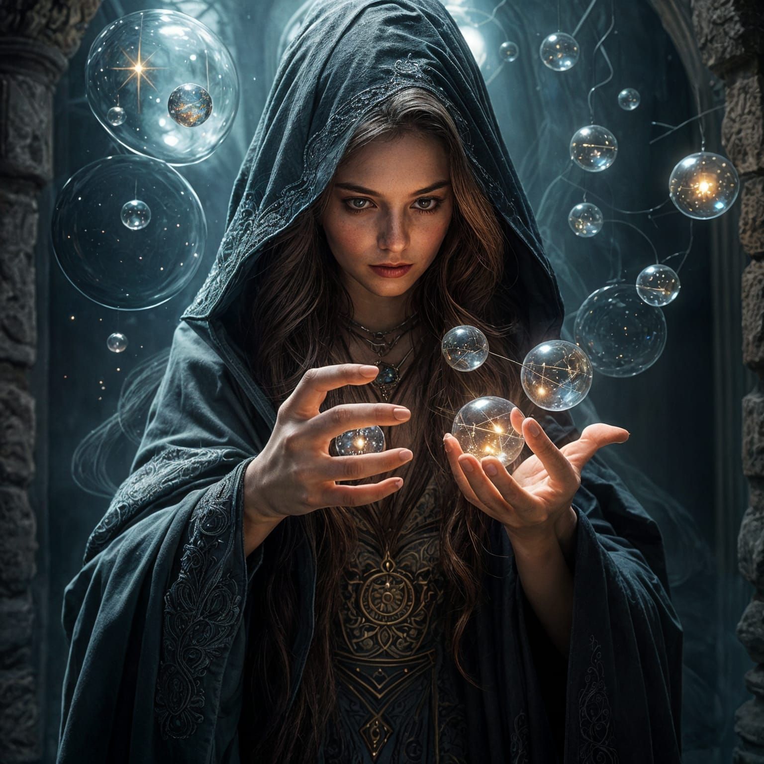 Sorceress With Hovering Glass Spheres