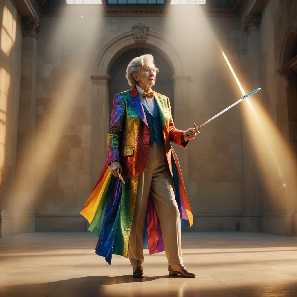 Rainbow Tuxedo Grandma with Sword, Hyperrealistic Digital Ar...