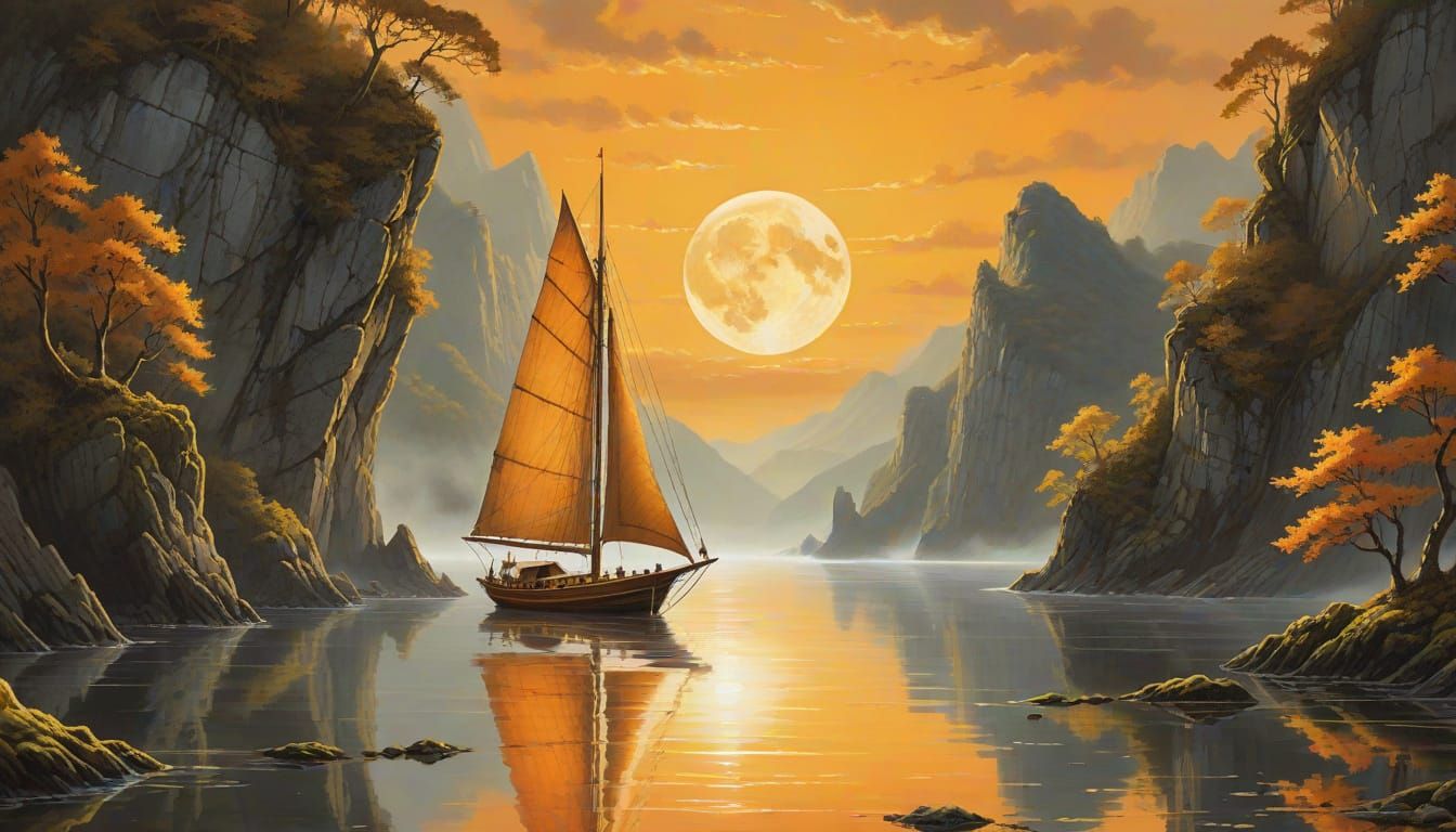 Fantasy Seascape with Glowing Amber Sails at Sunset
