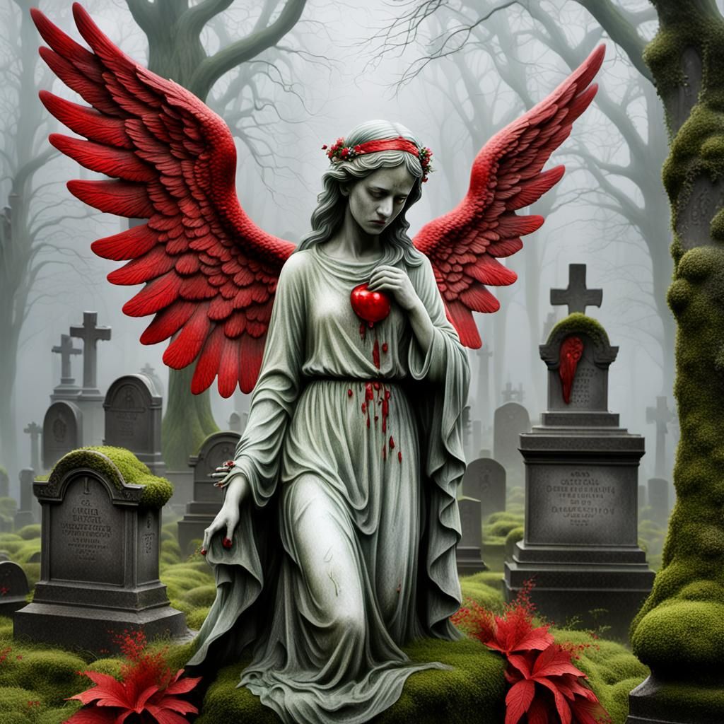 Misty Graveyard: Sad Statue with Red Tears