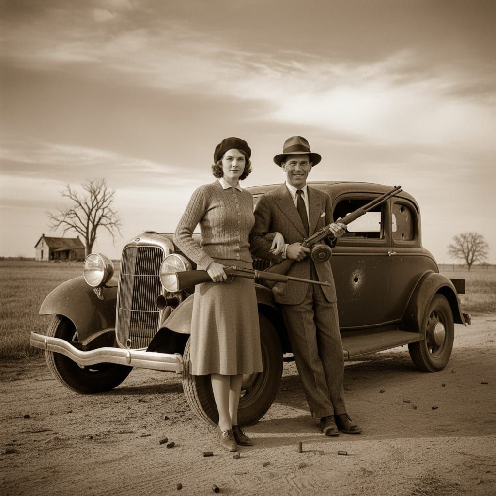 Bonnie and Clyde by their Car
