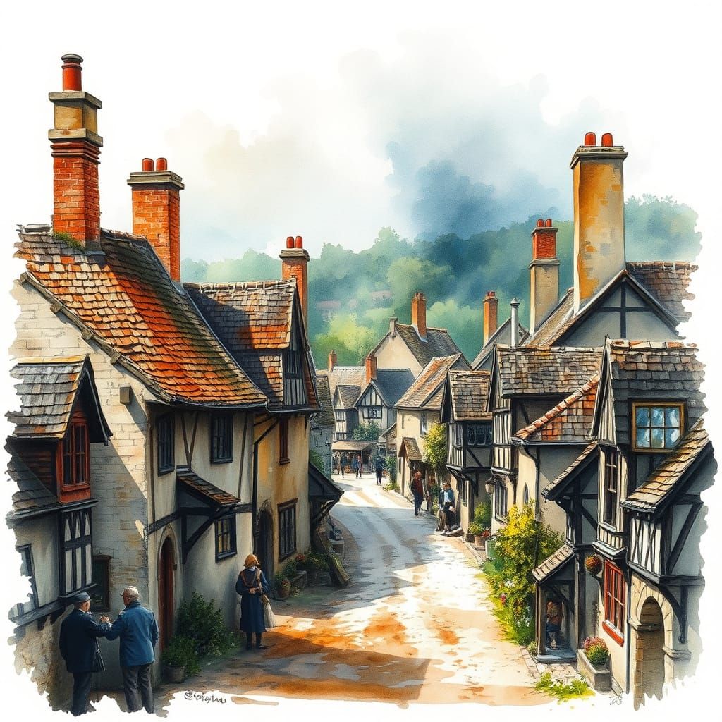 Cotswold Village in Watercolour Style