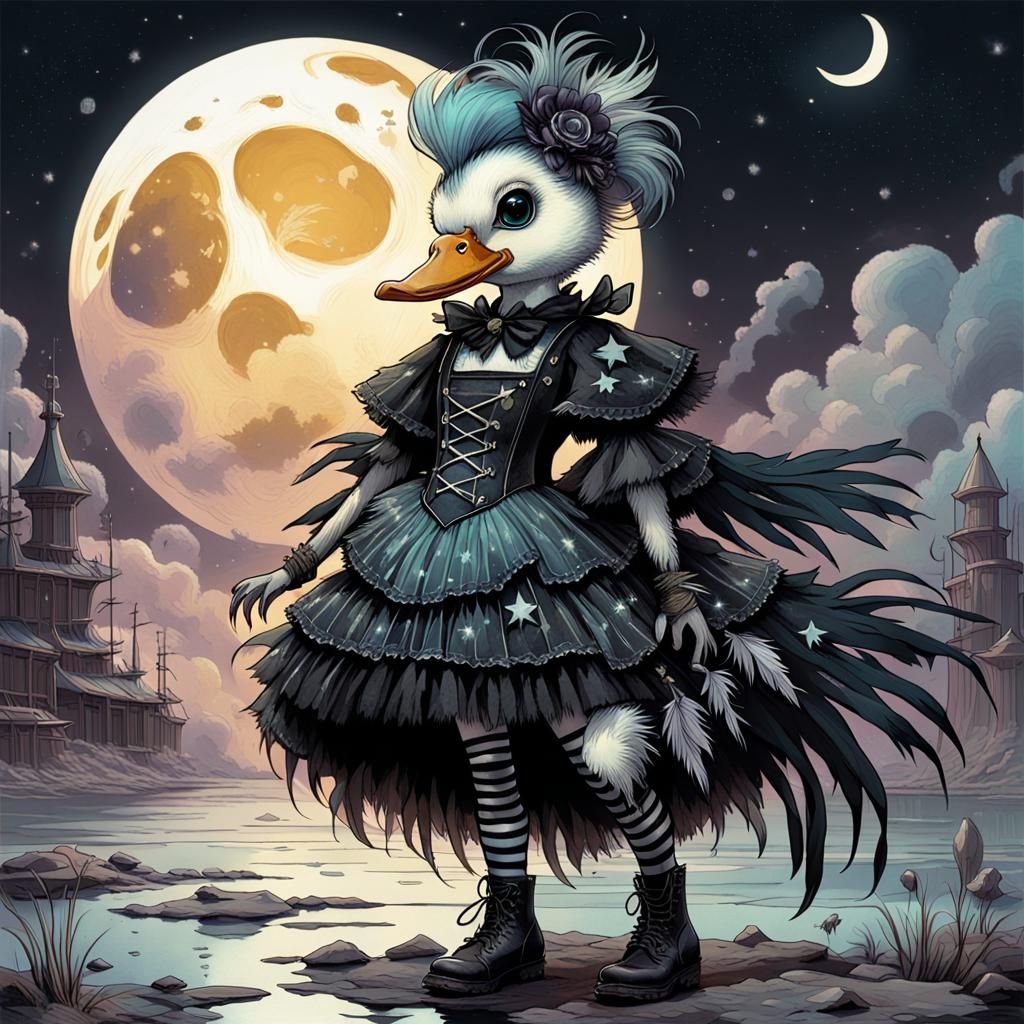 An Impressionist and realistic textured painting of An adorable gothic punk duck, whimsical and goth with a mischievous ...