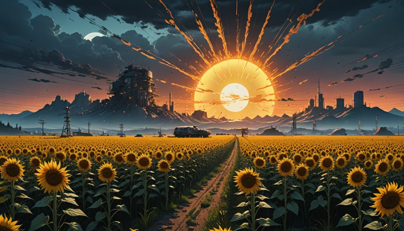 Ethereal Sunflower Landscape at Midnight