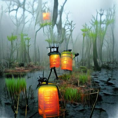 Glowing Lanterns Above Misty Swamp Landscape