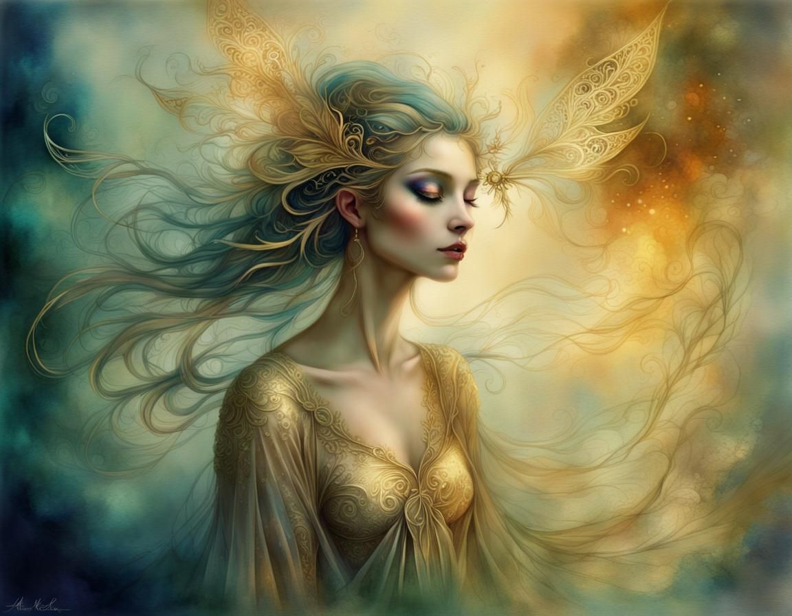 Woman metallic, shadowy, watercolor, by Anne Bachelier :: fl...