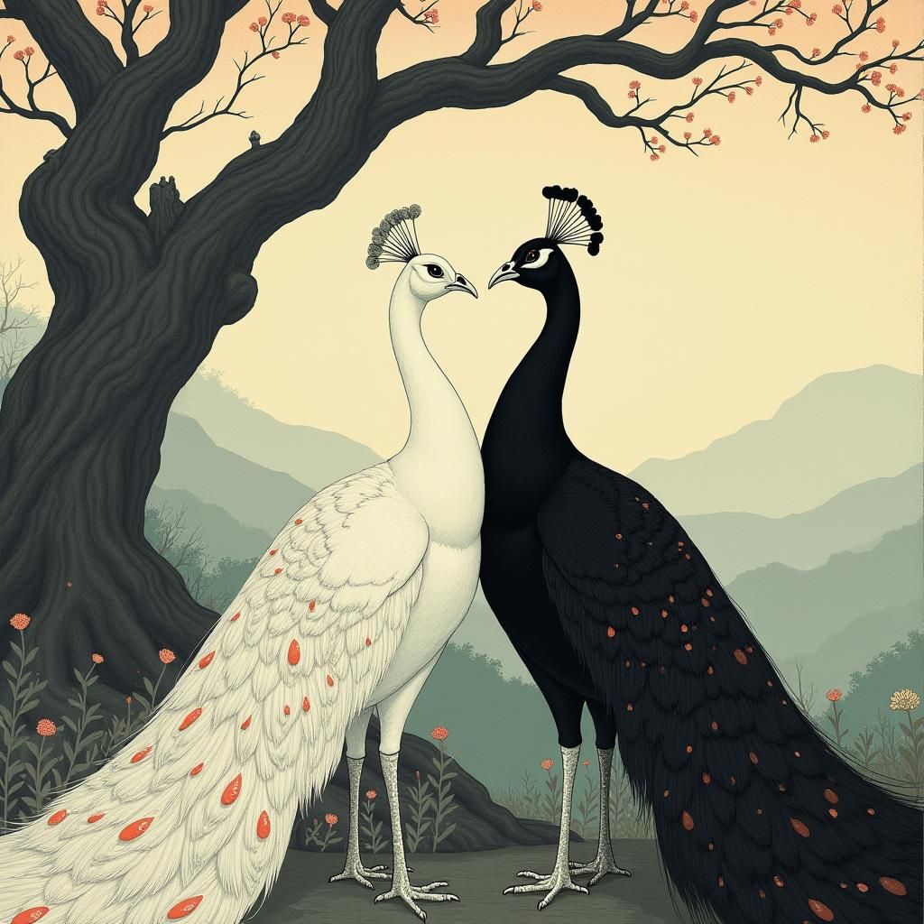 Peacocks in Yin-Yang Harmony: Pop Surrealist Vision