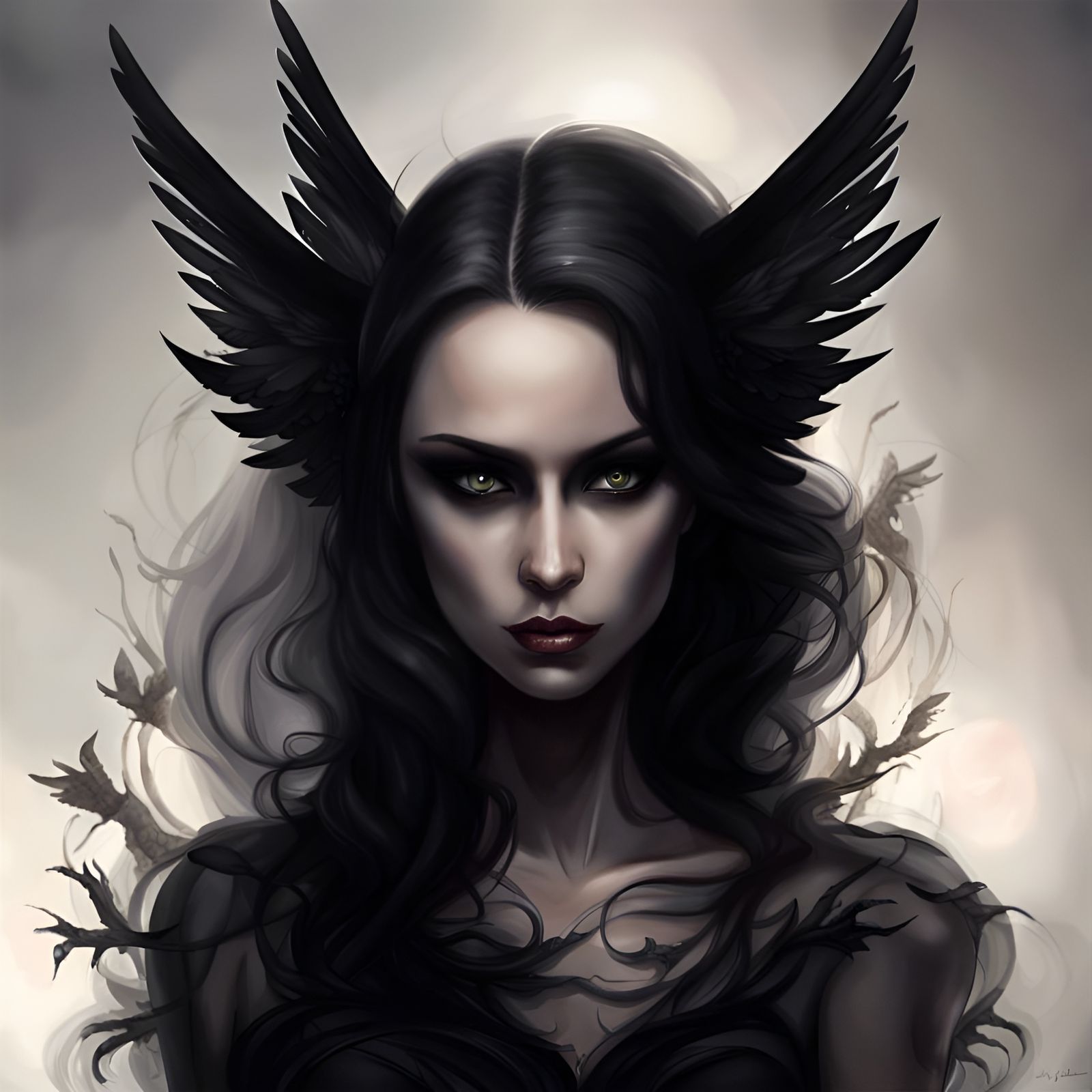 Dark Angel in Black Gown with Delicate Wings