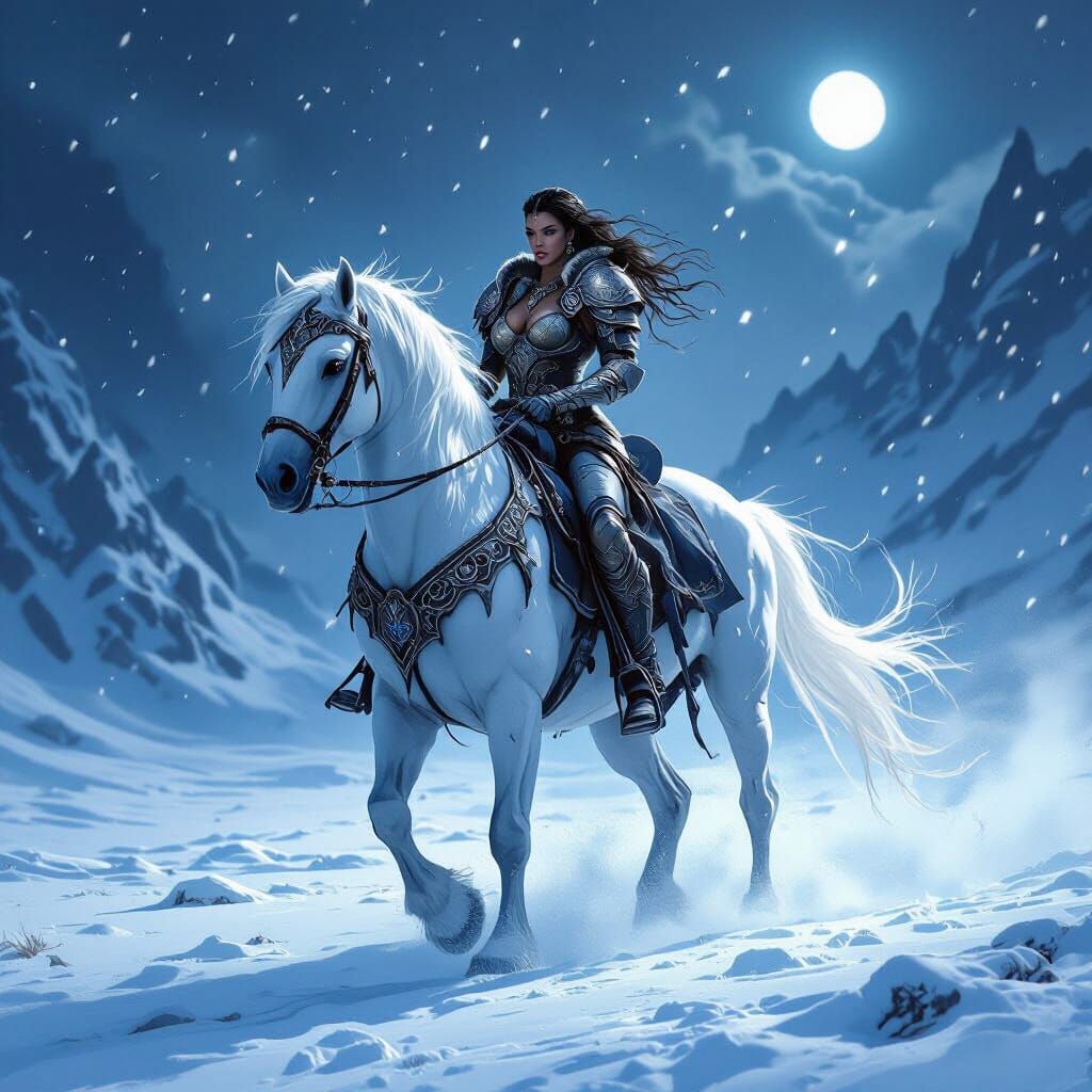 Warrior Woman on Ice Horse in Epic Fantasy Art Style