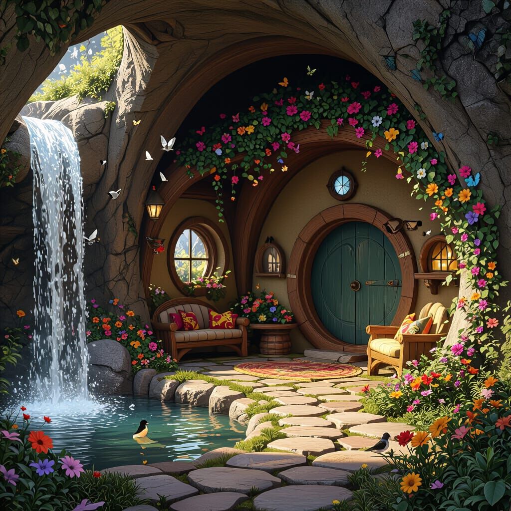 Cozy Hobbit Hole Cave with Waterfall and Wildlife