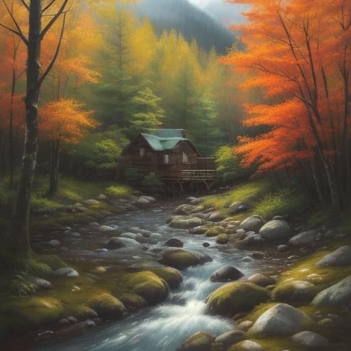 Cabin in Mountains: Vibrant Oil Painting