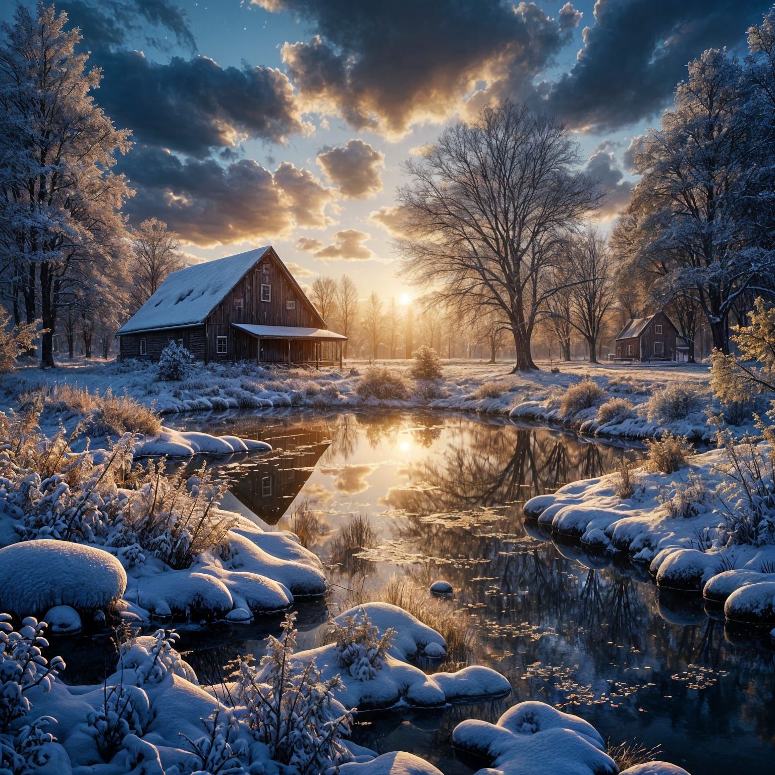 Winter Barn and Pond at Night, Hyperrealism