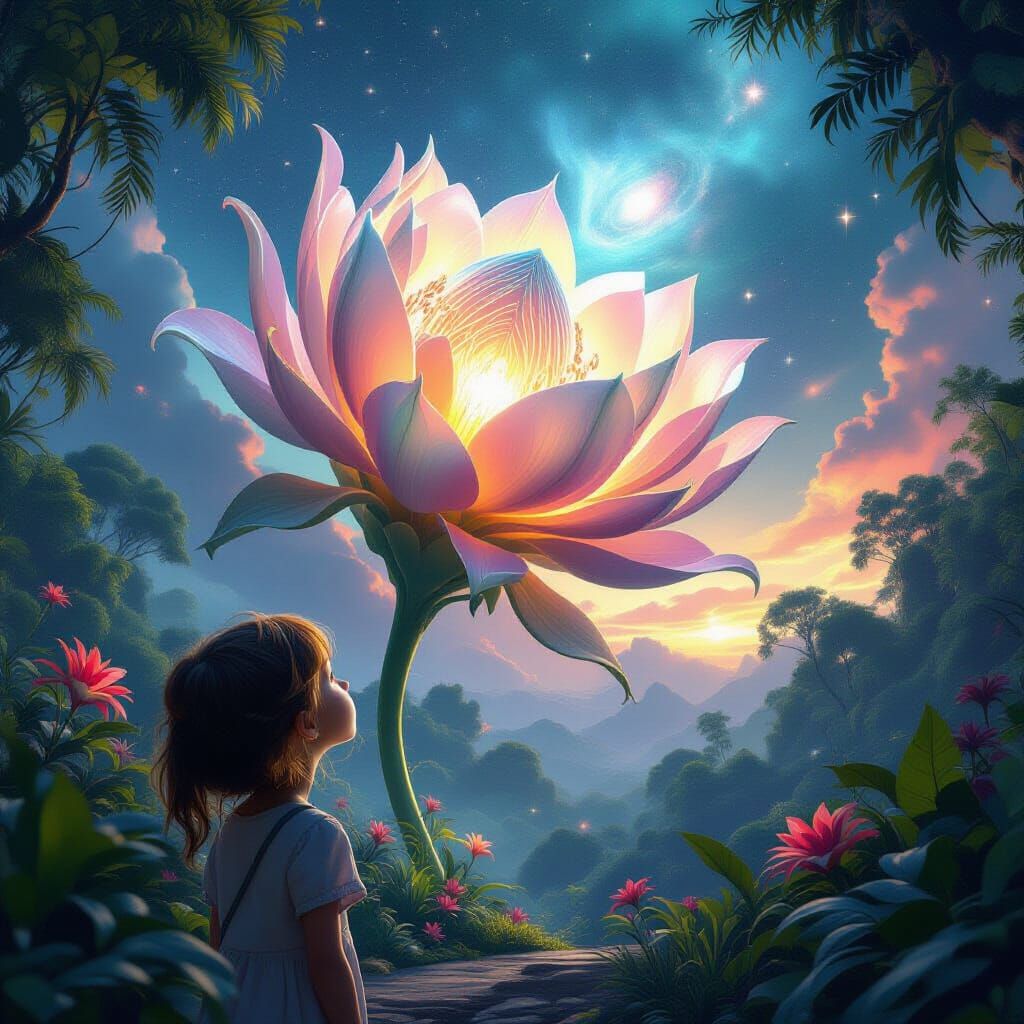 Girl Gazes at Bioluminescent Alien Flower in Nebula Sky