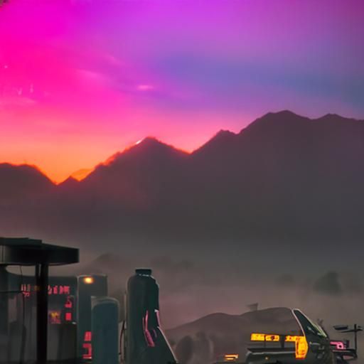 Cyberpunk Sunrise Over Mountains with Neon Lights