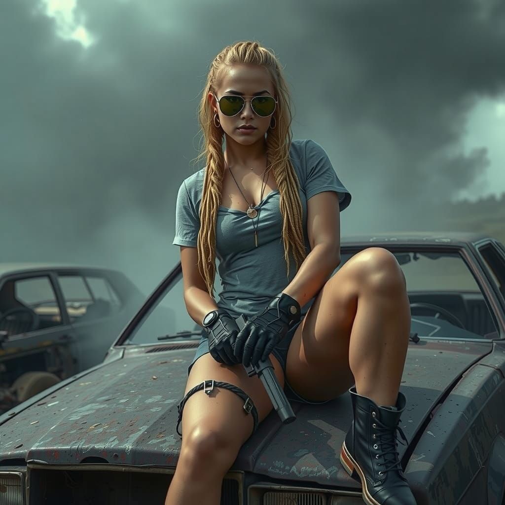 Post-Apocalyptic Woman in Mirror Shades, Pistol, and Worn Le...