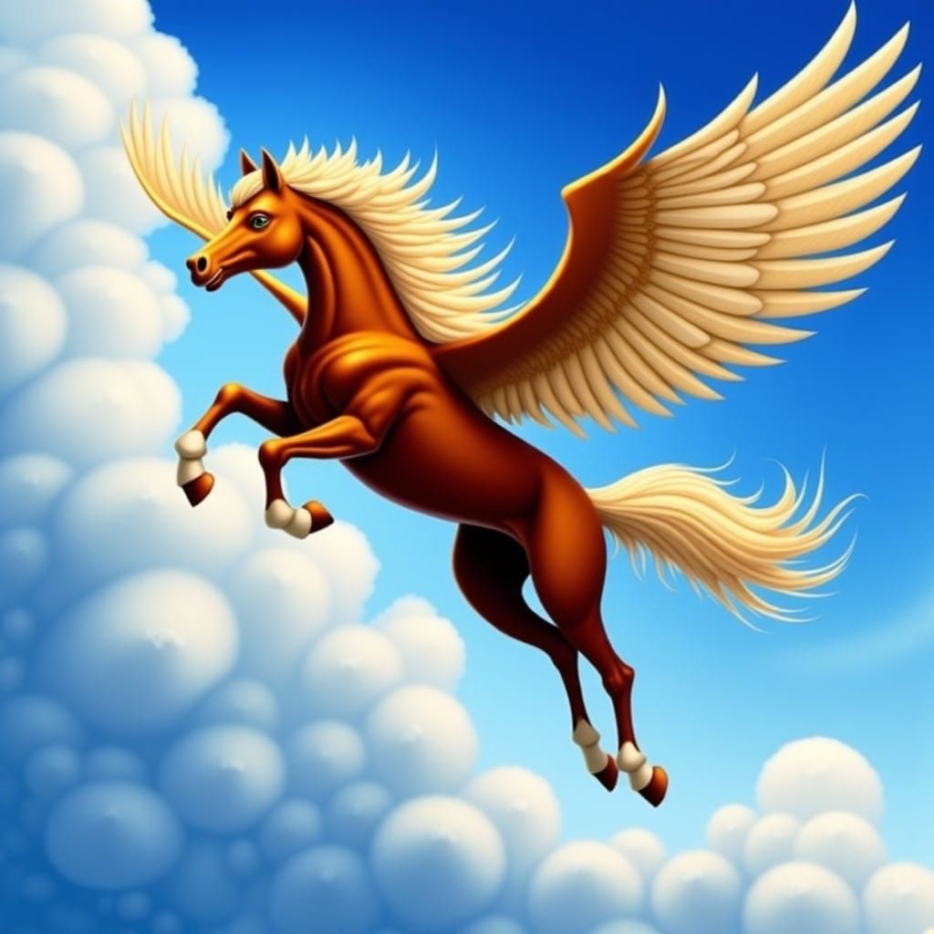 Winged Horse Soaring in a Blue Sky