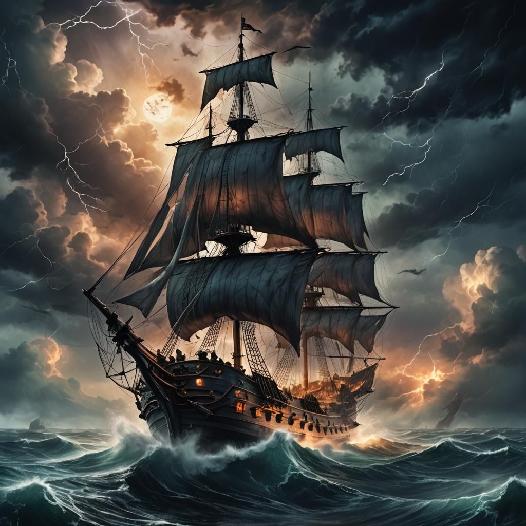 Flying Dutchman Sails Stormy Seas: Dark Fantasy Illustration