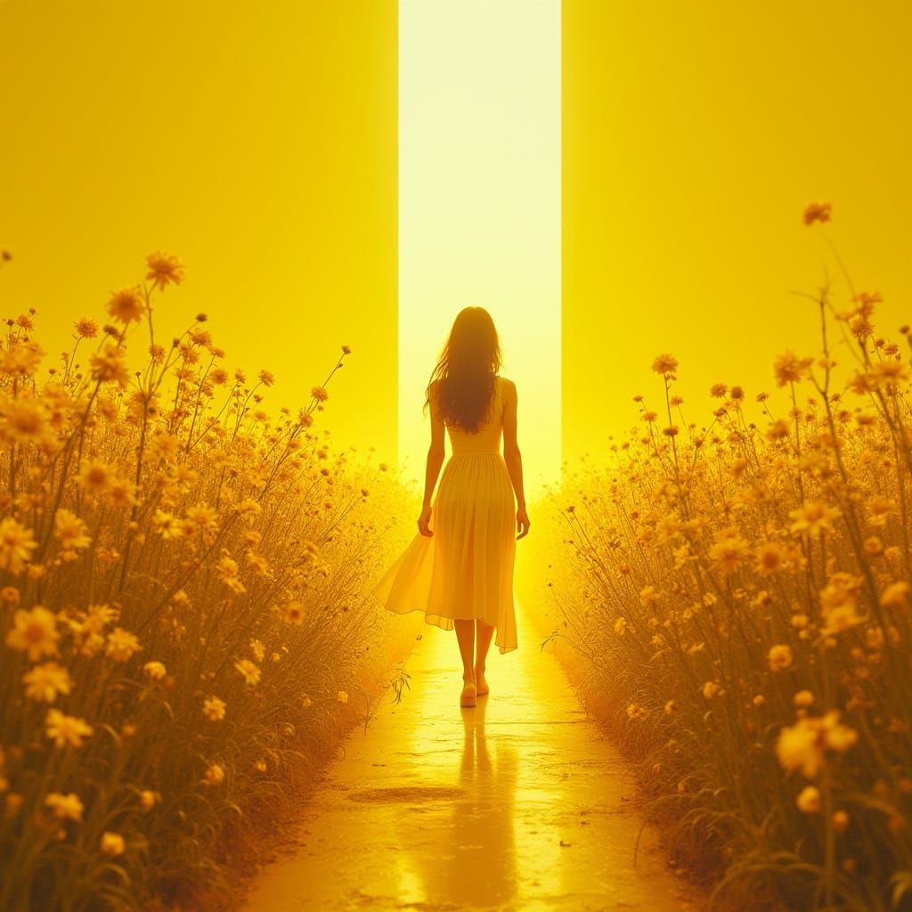 Woman in Sun-Drenched Yellow Flower Field