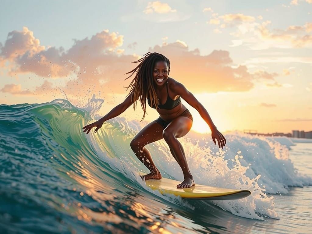 Black Surfer Rides Golden Wave at Sunset