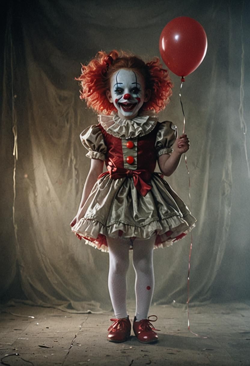Eerie Clown Girl with Red Balloon, Hyperrealistic Film Still