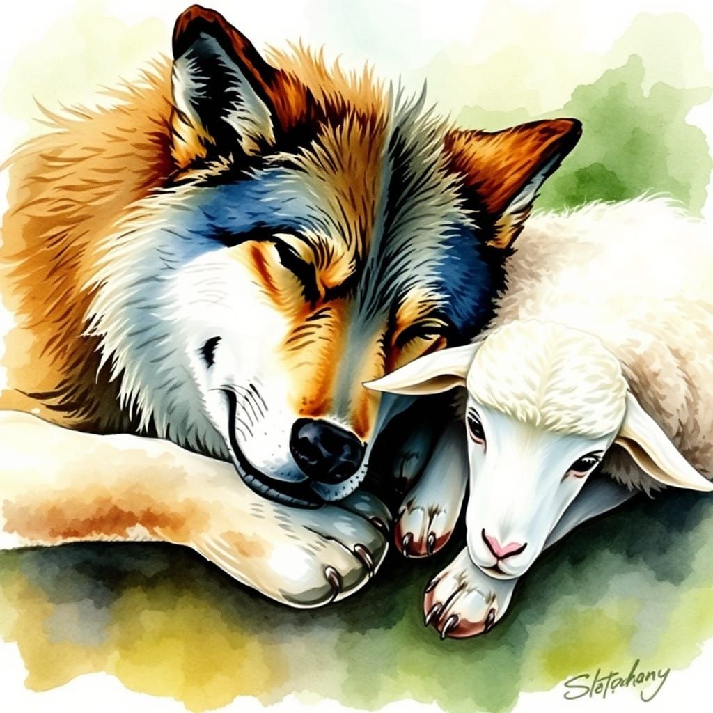 Wolf and Sheep in Serene Watercolor Scene