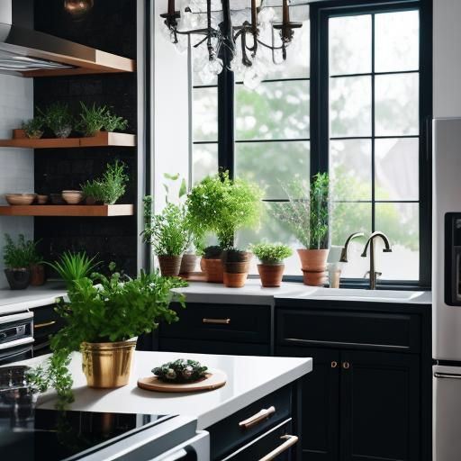 Luxurious Black Kitchen with Plants: Professional Photograph...