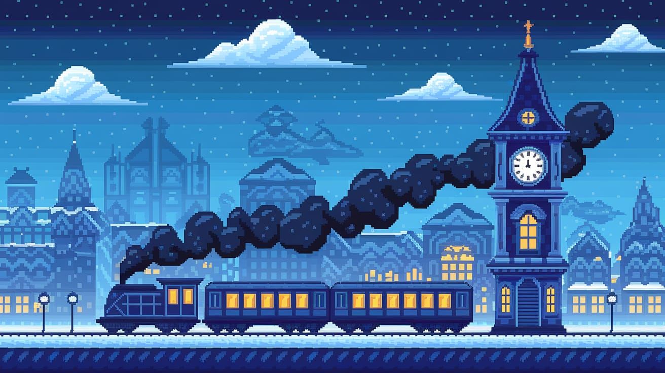 Steampunk City Winter Train in Pixel Art Style