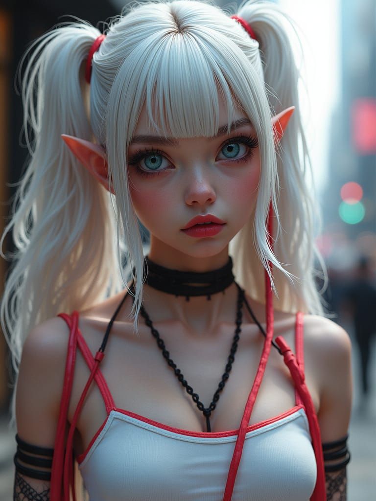 Gothic Elf Portrait with Neon Hair, in Digital Art Style