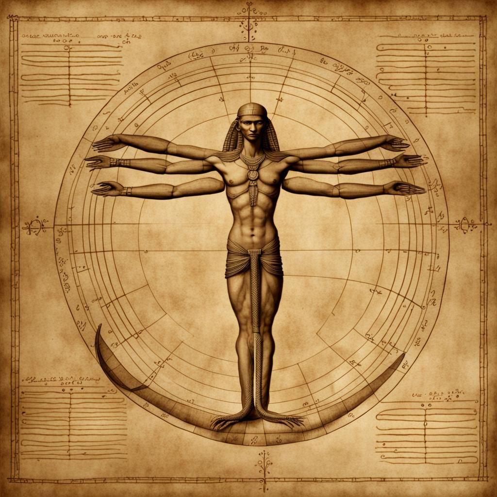Vitruvian Naga on Papyrus in Sepia Tones