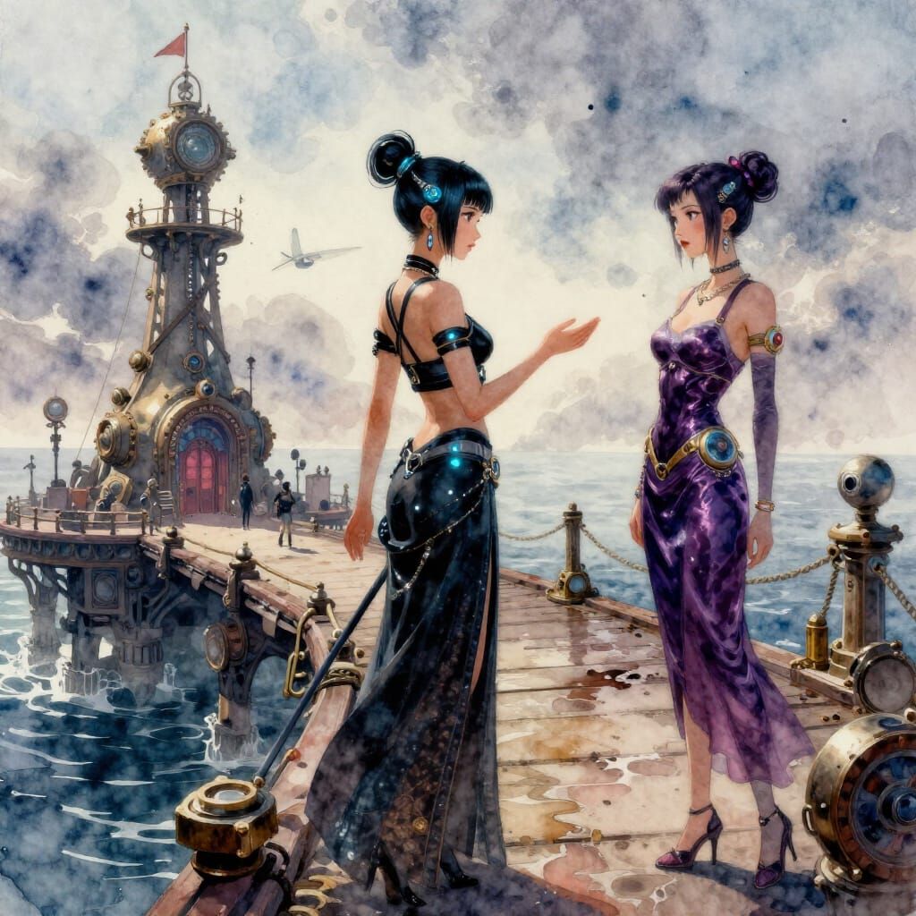 Cyberpunk and Silkpunk Queens Meet on Steampunk Pier