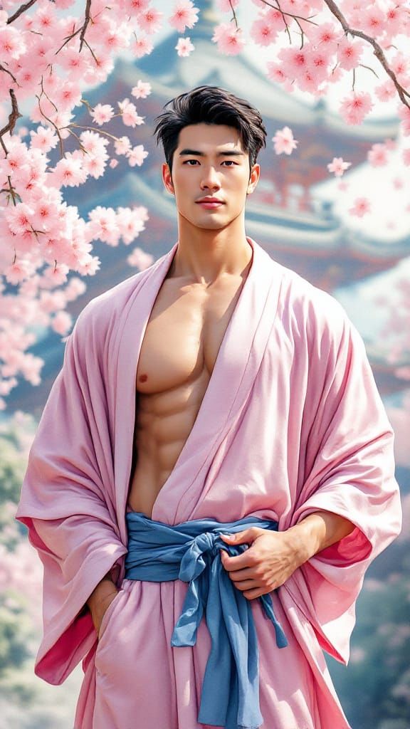 Muscular Asian Man in Pink Robe by Japanese Pagoda