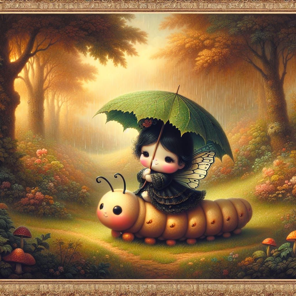 Black Fairy Rides Caterpillar in Romantic Landscape