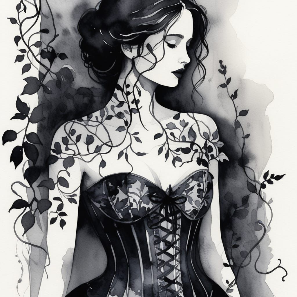 X-Ray of Woman in Floral Corset and Vines, Watercolor