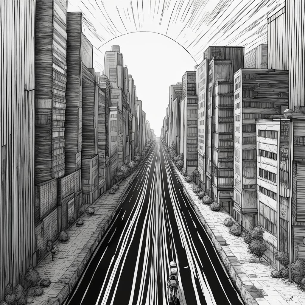 Hyperrealistic Cityscape in Black and White Line Art