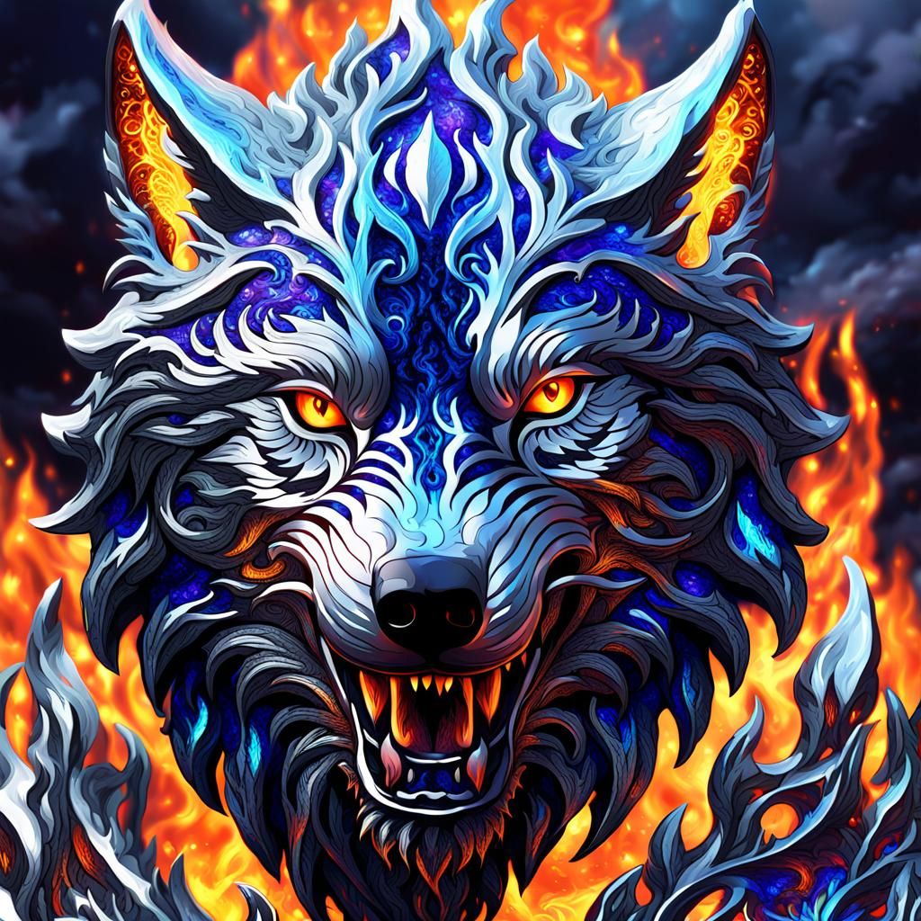 Fiery Wolf Head Digital Art in Anime Style