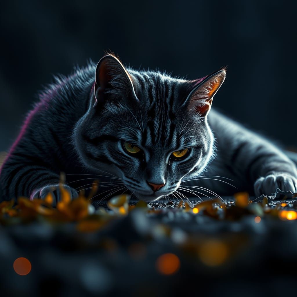 Surreal Grey Feline Pounces on Midnight Ambush
