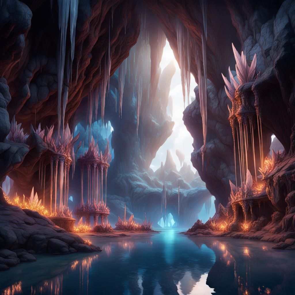 Detailed Crystal Caves Matte Painting in Deep Color