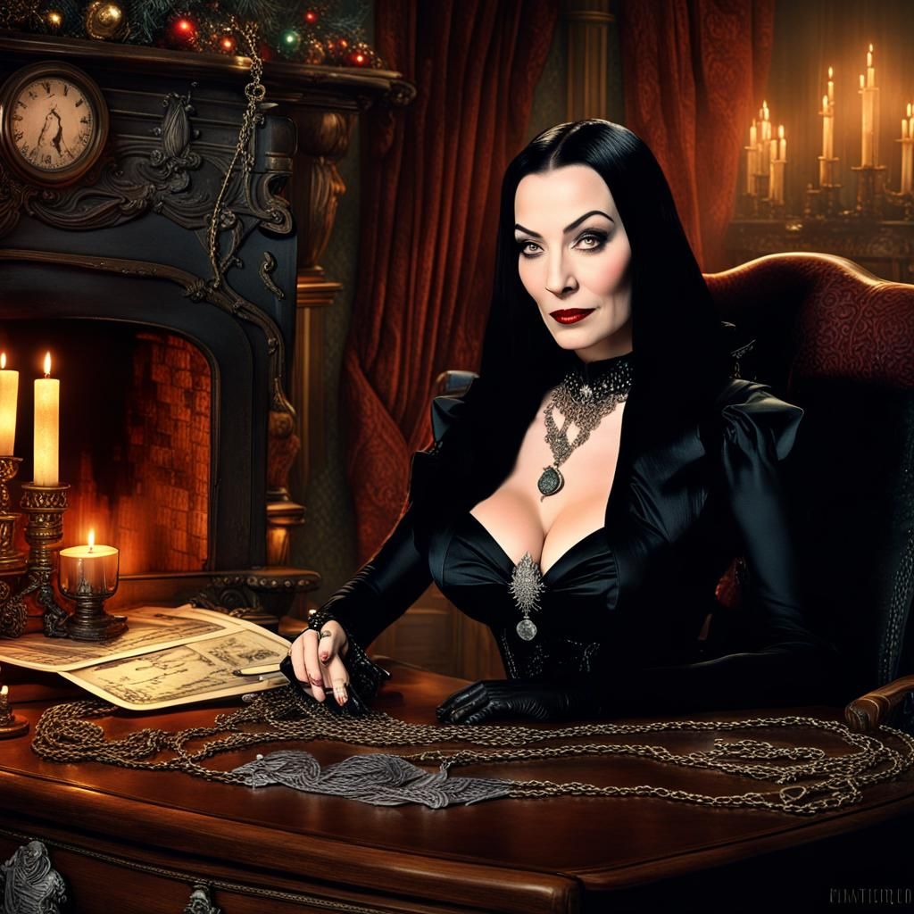 Morticia Addams Signs Christmas Postcard in Steampunk Settin...