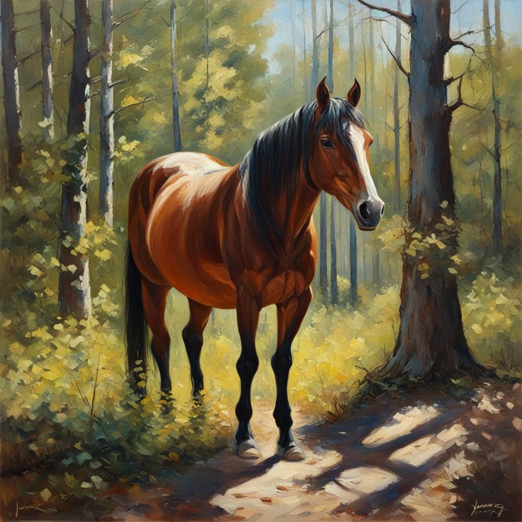 Horse in Woods: Oil Painting by James Gurney Style